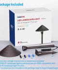 Packaging of 12-Pack Low Voltage Landscape Path Lights with components displayed, 3W Cast Aluminum, 12-24V, IP65, ETL listed