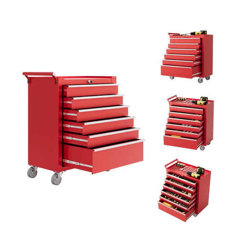 Heavy Duty Red Rolling Tool Chest On Wheels Locking Four Drawer Setup Full Extension Ball Bearing Drawers Cold Rolled Steel Shop Beast Pro Grade Corrosion Resistant with drawers open