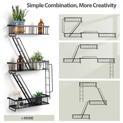 Built Tight Three Tier Fire Escape Wall Shelf In Matte Black For Bedroom Living Room Or Dorm Decor Heavy Duty Ladder Shelf With Thickened Steel Edges For Cozy Home Storage And Display Real Deal Quality, showing different angles and arrangements.