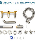 Brushed Nickel Wall Mount Tub Filler With 3 Handles Handheld Shower Waterfall Spout Valve Trim Kit components displayed