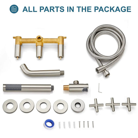 Brushed Nickel Wall Mount Tub Filler With 3 Handles Handheld Shower Waterfall Spout Valve Trim Kit components displayed