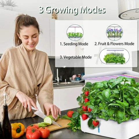 Woman using Indoor Hydroponic Garden System With 14 Pods WiFi Smart Herb Garden Kit LED Grow Light in kitchen