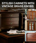 8 Piece Vintage Cabinet Knobs Set In Solid Antique Brass With Backplates showcased on dark wood drawers with retro decor.