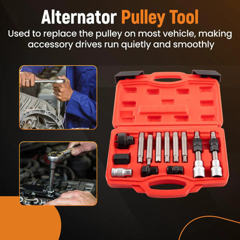 13 Piece Alternator Freewheel Pulley Removal Socket Bit Set For Auto Repair And Garage DIY Pro Grade Heavy Duty Tools Kit displayed in case