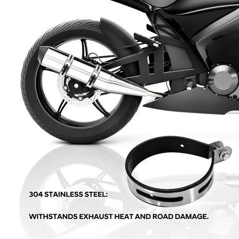 Sturdy Stainless Steel Motorcycle Exhaust Clip Brackets With Rubber Cushions Universal Exhaust Hanger Clamp Muffler Repair Clip Pipe Bracket Mount Waterproof And Corrosion Resistant 4 Inch Inner Diameter 6.35in By 5.1in By 1.15in next to motorcycle wheel and exhaust pipe