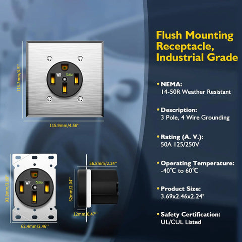 Built Tough Nema 14 50R Electric Vehicle Charging Outlet 50 Amp Ev Charger Socket With Wall Plate flush mounting receptacle dimensions.