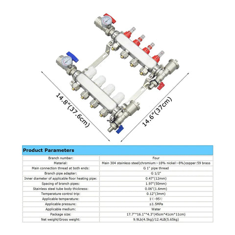 Radiant Floor Heating Manifold Kit With Four Loops Half Inch PEX Tubing Stainless Steel Demagnetized 304 Body Hydronic System With Flow Meters Easy Install Underfloor Heating Setup, dimensions shown in diagram