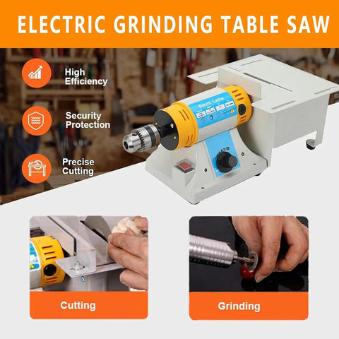 Badass Mini Table Saw With Bench Grinder Capabilities delivering 750 Watt Motor Plus Smooth Variable Speed Control side view with controls.