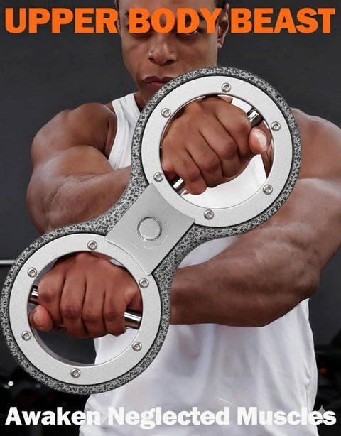 Fitarc 12-lb dual-ring rotator grip strength trainer with textured metal rings and central control, forearm exerciser