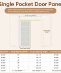 Diagram showing dimensions for a Single Pocket Door Panel with opening width and height options for various door sizes.