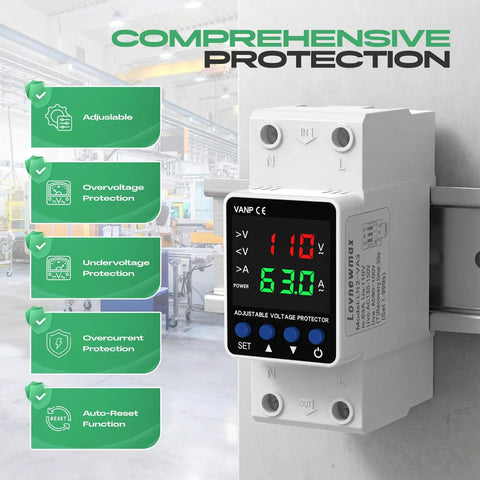 Adjustable Voltage Protector Built Tough With 110V And 1 To 63A Smart Circuit Breaker Overcurrent Protection Low Voltage Cutoff 80 To 110V High Voltage Cutoff 130 To 150V DIN Rail AC Disconnect mounted on DIN rail with digital display