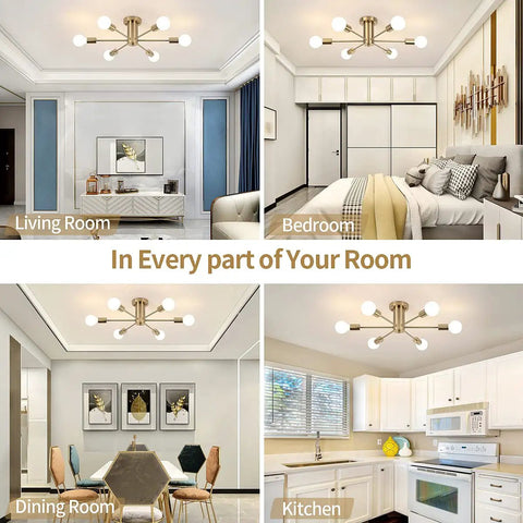 Gold Modern Sputnik Ceiling Light Chandelier With Six Heads Dope Semi Flush Mount Fixture For Living Room Bedroom Dining Kitchen And Office Space Modern Ceiling Lamp With Elegant Geometric Design And Symmetrical Light Spread