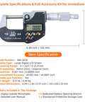 Image of 0-1 Inch Digital Micrometer With Carbide Tip, 0.00005 Inch Resolution, 0-25mm Range, showing specifications and dimensions.