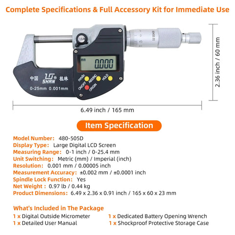 Image of 0-1 Inch Digital Micrometer With Carbide Tip, 0.00005 Inch Resolution, 0-25mm Range, showing specifications and dimensions.