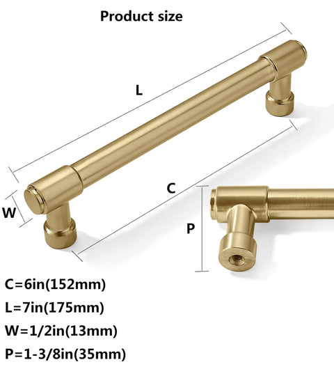 10 Pack 6 Inch Center To Center Cabinet Handles Built Heavy Duty From Quality Zinc Alloy With A Dope Brushed Gold Finish Featuring Sleek Satin Brass Drawer Pulls To Level Up Your Kitchen Rig Or Home Setup Today. Product size dimensions with gold handle details.