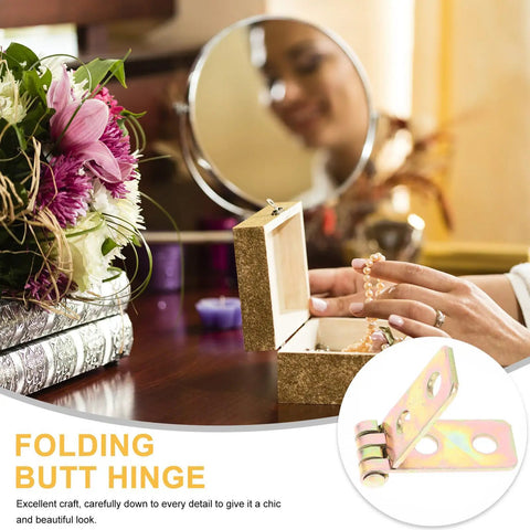 Woman opening jewelry box with 12 Pack Small Iron Chest Hinges Foldable Cabinet Door Hinges 60x13mm Reinforced Mini Box.