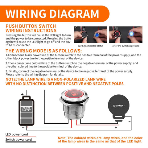 Wiring diagram for Two Pack 19mm Latching Push Button Switch Stainless Steel IP67 Waterproof LED Indicator setup.