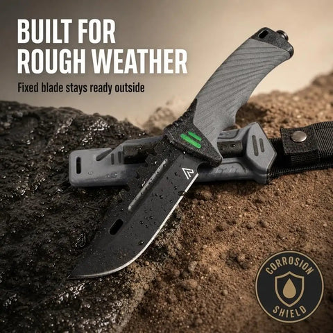Six In One Survival Knife with Full Tang Design and 4.33 Inch Drop Point Blade on wet rocks