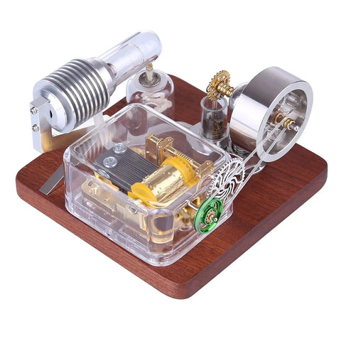 Hot Air Engine Model Kit With Rotating Mechanical Music Box for science experiments on a wooden base with metal and glass components