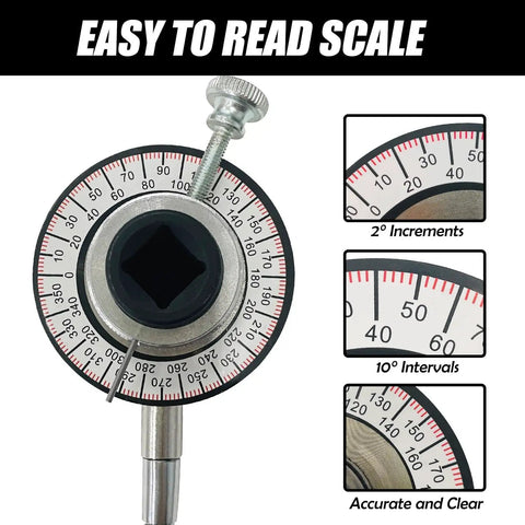 Torque Angle Gauge 1/2 Inch Drive With Flexible Clip Arm, 360 Degree Torque Wrench Angle Meter For Tightening Bolts In Hard To Reach Spots, Adjustable 0 To 360 Degrees, Works With Ratchet Or Breaker Bar, easy-read scale