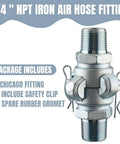 Four Pack 3/4 Inch Chicago Style NPT Iron Air Fittings With 2 Lug Universal Couplings For Female And Male Ends Includes Safety Locks And Rubber Washers Heavy Duty Ready To Roll Up To 150 Psi