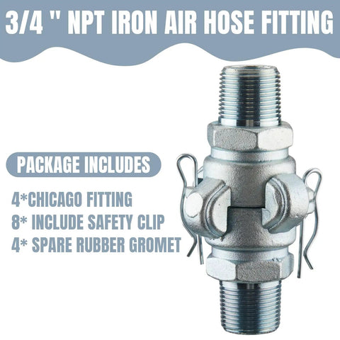 Four Pack 3/4 Inch Chicago Style NPT Iron Air Fittings With 2 Lug Universal Couplings For Female And Male Ends Includes Safety Locks And Rubber Washers Heavy Duty Ready To Roll Up To 150 Psi