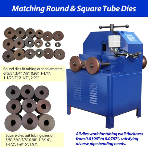 Heavy Duty Rolling Pipe Bending Machine With Round And Square Dies For Metal Tubing, showcasing various tube dies for crafts.