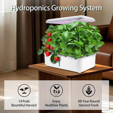 Indoor Hydroponic Garden System With 14 Pods WiFi Smart Herb Garden Kit LED Grow Light Auto Water Pump 5L Reservoir on table