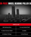 58-piece wheel bearing puller set with 49 bushing discs, long handle shaft, listed parts, and tools on display.