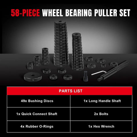 58-piece wheel bearing puller set with 49 bushing discs, long handle shaft, listed parts, and tools on display.