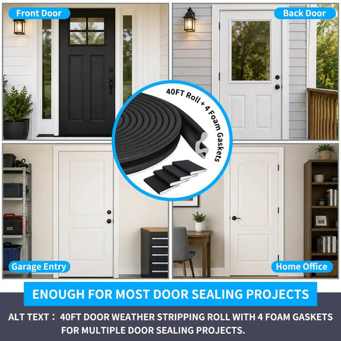 40 Ft Heavy Duty Kerf Weatherstrip Door Seal With Memory Foam Soundproof Insulation Kicks Cold Drafts To The Curb And Delivers Hella Quiet Rooms Durable Window Sealer displayed in front, back, garage entry, and home office doors.
