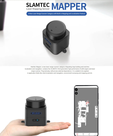 RPLIDAR M2M3 2D 360 Degree Lidar Sensor for robots and drones, 40m range, shown with mapping interface and SLAMTEC branding