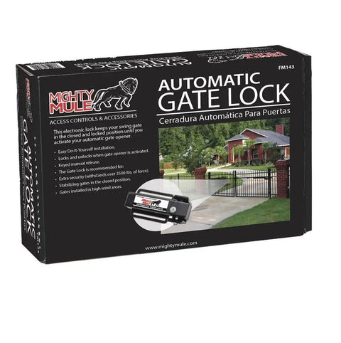 Packaging for Automatic Gate Lock FM143 For Gate Openers, Heavy Duty Security Lock, 2500 lbs force, Easy DIY Installation