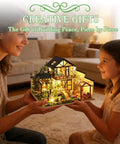 Mother and daughter holding DIY Miniature House Kit With LED Lights, Wooden Dollhouse Craft Kit For Adults And Teens, Tiny Bamboo Stream Garden Dollhouse.