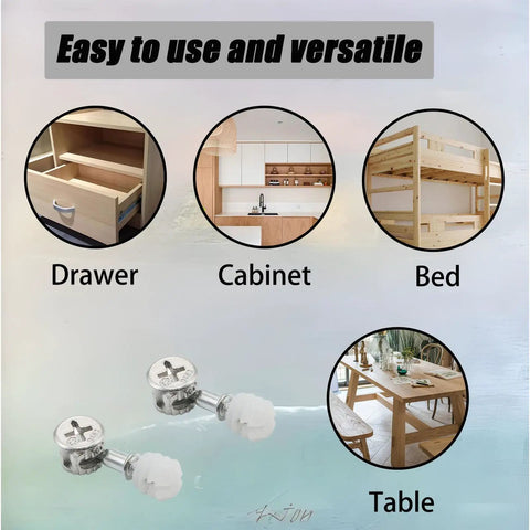 Premium Rock Solid 3 In 1 Cam Lock Connectors With Pre Inserted Dowels And Tight Grip Nuts for drawer, cabinet, bed, and table assembly.