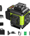 Pro Grade 16 Line Laser Level 360 Self Leveling With 4X360 4D Green Cross Lines shown with accessories and case