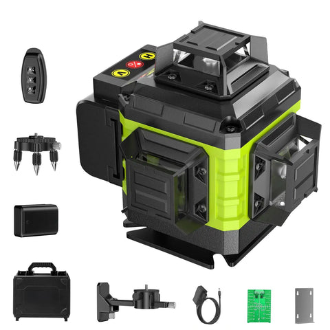 Pro Grade 16 Line Laser Level 360 Self Leveling With 4X360 4D Green Cross Lines shown with accessories and case