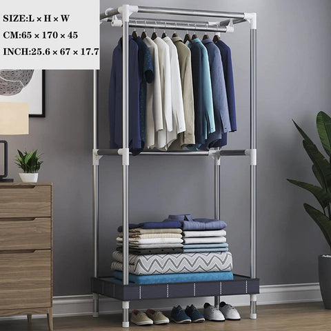 Go-To Portable Closet Frame Workhorse With Shelves Hanging Rods Bedroom Clothes Storage Beast No Cover Easy Move Clutter Crusher Super Room Saver Wardrobe Organizer with hanging clothes and stacked neatly folded clothes.