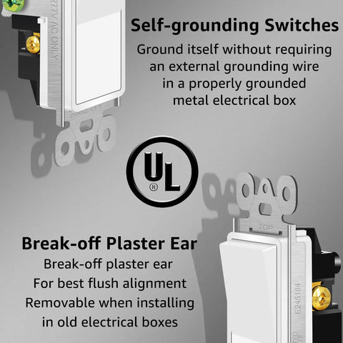 Three Way White Light Switch 4 Pack 15A 120 To 277V Rocker Switches For Single Pole Or Three Way Lighting Home And Office Grade UL And CUL Certified Durable Gloss Finish Easy Install, self-grounding switch