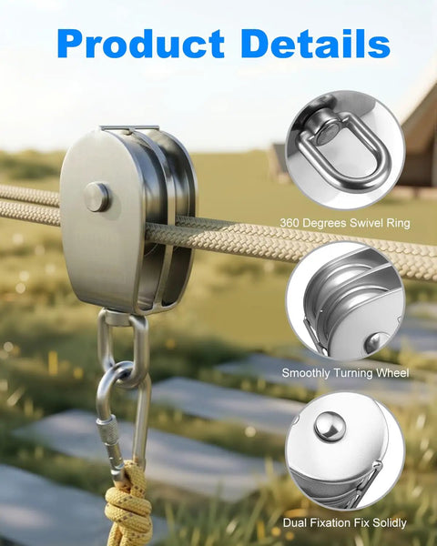 2 Pack M50 Lifting Double Pulley Block Made From 304 Stainless Steel With Swivel Hook Roller, 880 lb, fits 10 mm rope, 360-degree rotation