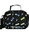 Durable Insulated Lunch Box For Kids And Teens, Lightning Bolt Theme, Kid Friendly Cooler Tote With Shoulder Strap, Reusable School Lunch Bag, 6.5L Capacity, Fits Six Packs, Black, front view