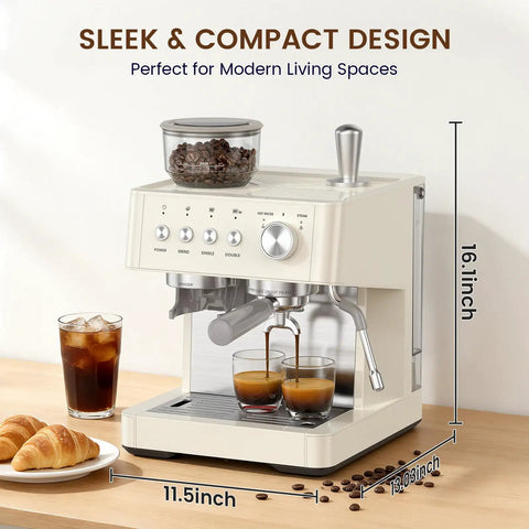 Top Shelf Espresso Machine With Built In Burr Grinder And 20 Bar Pump for Killer Coffee Shots on a kitchen counter.
