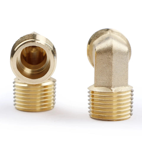 Brass 1/2 in NPT male-to-male 90° street elbow, front and side views, set of 2
