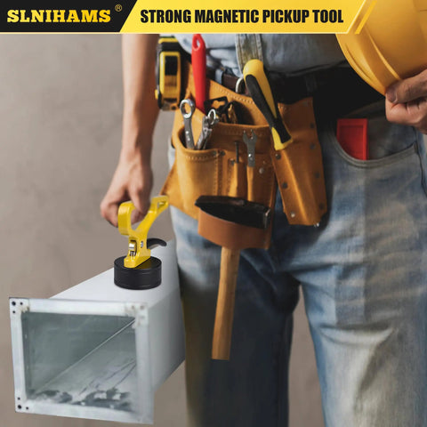 Worker uses Magnetic Pickup Tool With Quick Release to lift metal pieces, showing ergonomic handle and heavy duty lifting magnet.