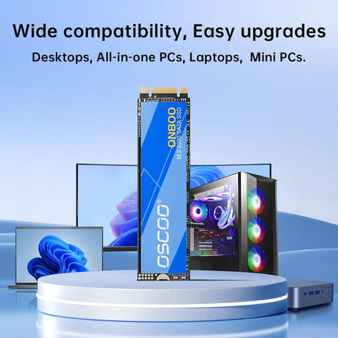 512GB M.2 2280 SATA SSD With B M Key For Laptop PC SATA III 6Gbps Up To 550MB Per Second Read And 500MBs Write Fast Boot Smooth Multitasking Easy Upgrade For Desktops And Ultrabooks, shown with desktops and laptop