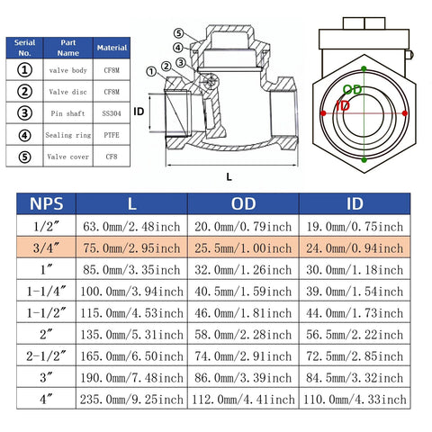 Amazon 3/4 in NPT stainless steel horizontal check valve, non-return swing, for oil/water/gas/air (DN20)