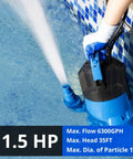1.5HP Sump Pump With 6300 GPH Beast Power High Flow Submersible Water Pump, Float Switch, thermoplastic body in use
