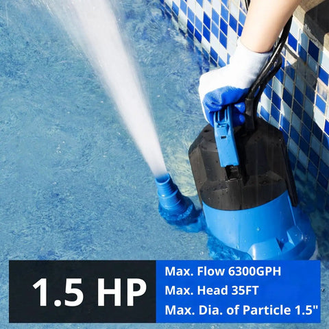 1.5HP Sump Pump With 6300 GPH Beast Power High Flow Submersible Water Pump, Float Switch, thermoplastic body in use