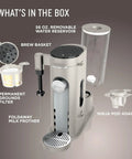 Pod and Grounds Single Serve Coffee Maker With Built In Milk Frother 56 Oz Reservoir K-Cup Pod Compatible components shown