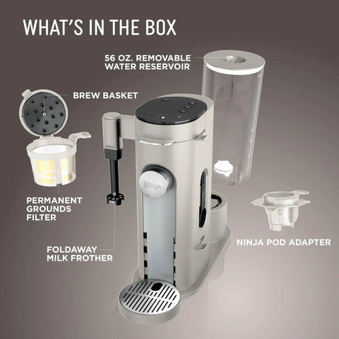 Pod and Grounds Single Serve Coffee Maker With Built In Milk Frother 56 Oz Reservoir K-Cup Pod Compatible components shown